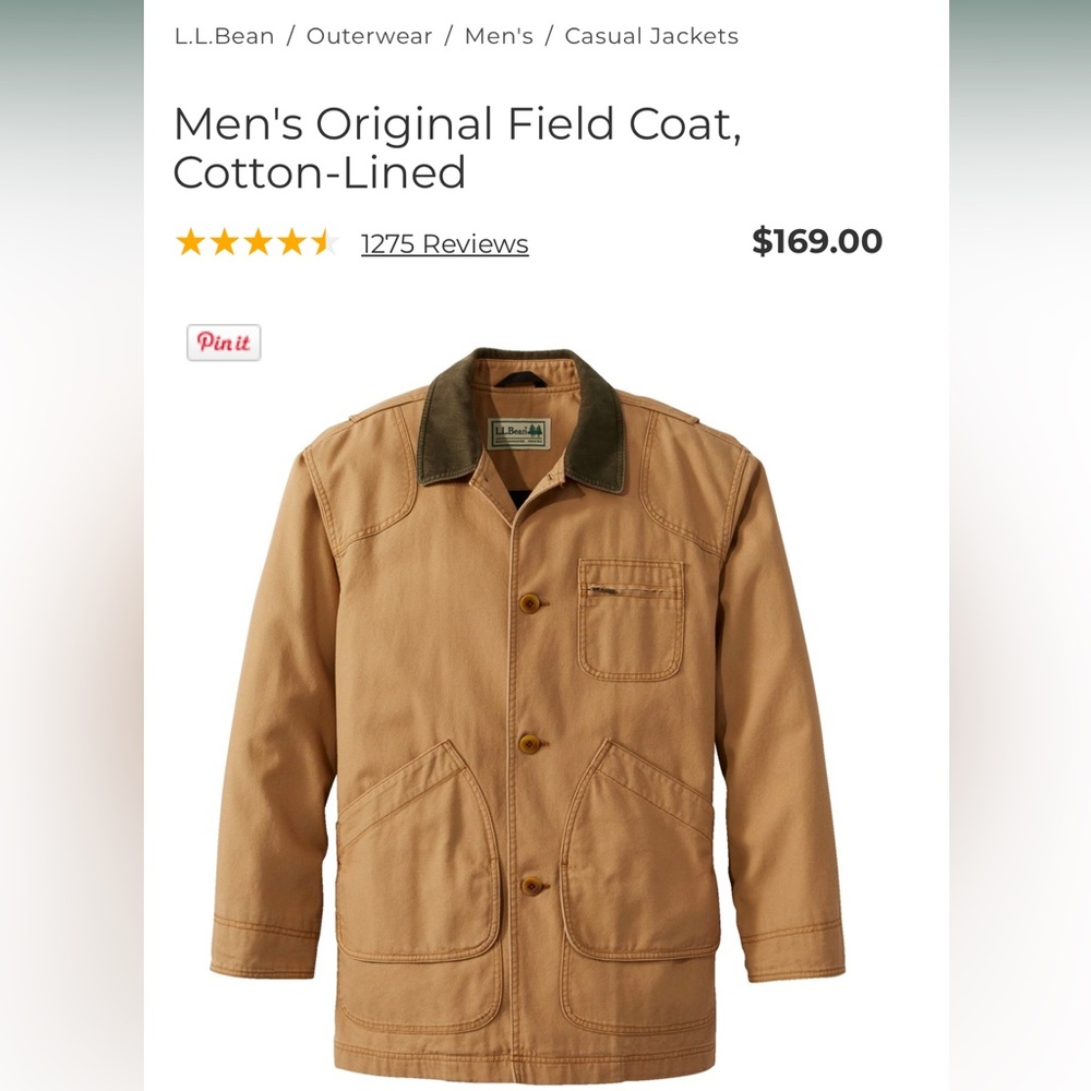 NWT LL Bean Saddle Khaki Field Coat Jacket Cotton Lined Men’s Medium New w Tags